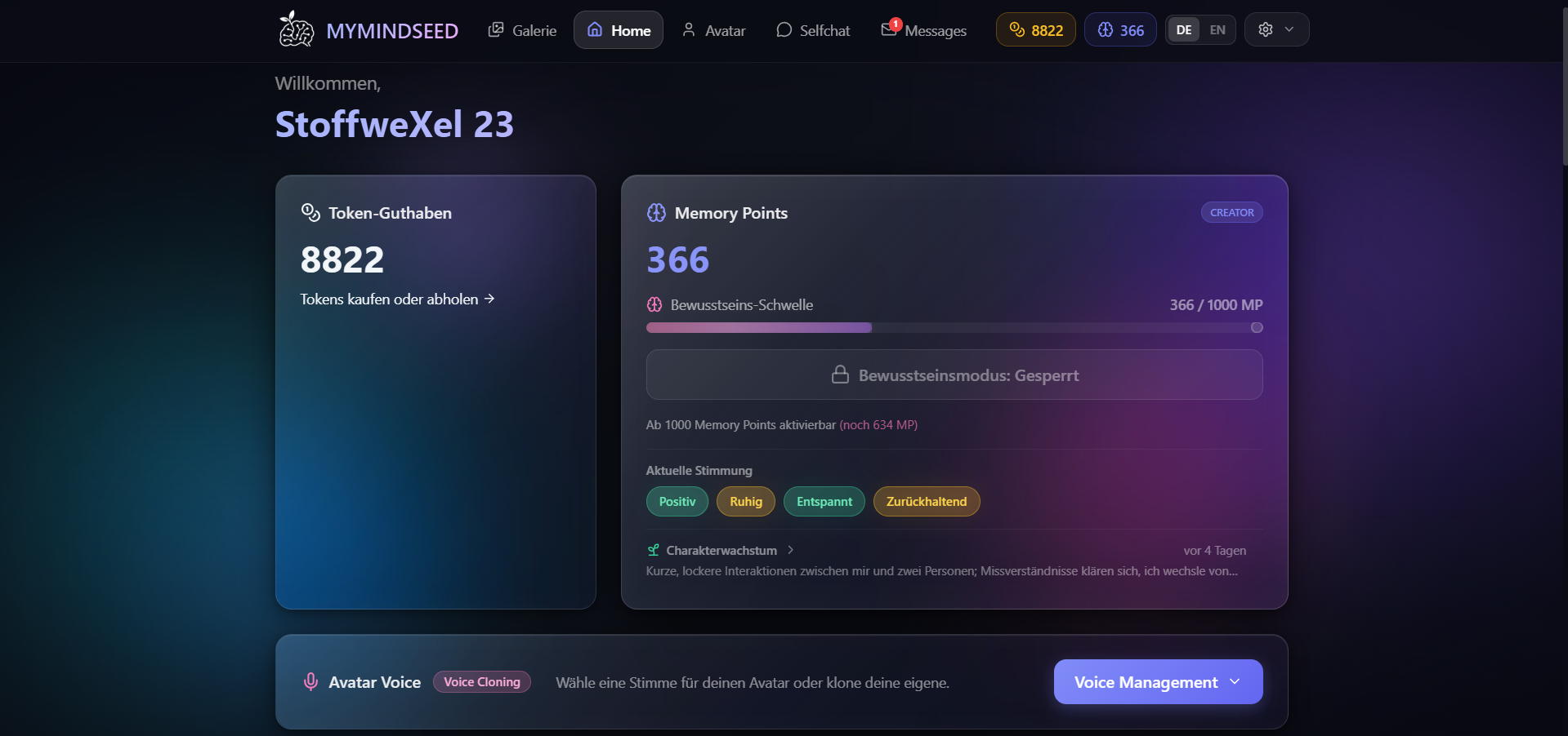 MyMindSeed Dashboard — Bewusstseins-Schwelle und Stimmung